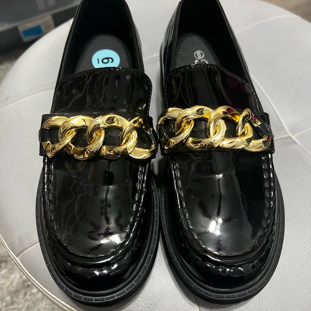 Black Patent Leather Loafers with Gold Chain